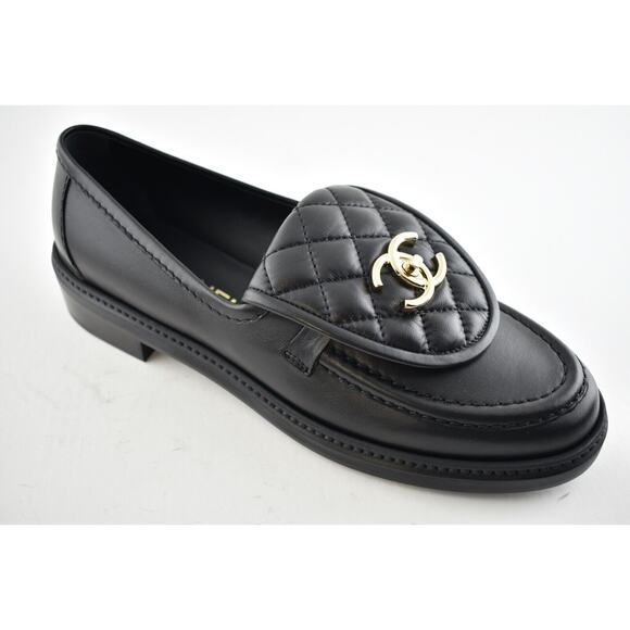 Chanel 22P Black Quilted Flap Turnlock CC Gold Logo Mule Slip On Flat Loafer 38 - Picture 4 of 12